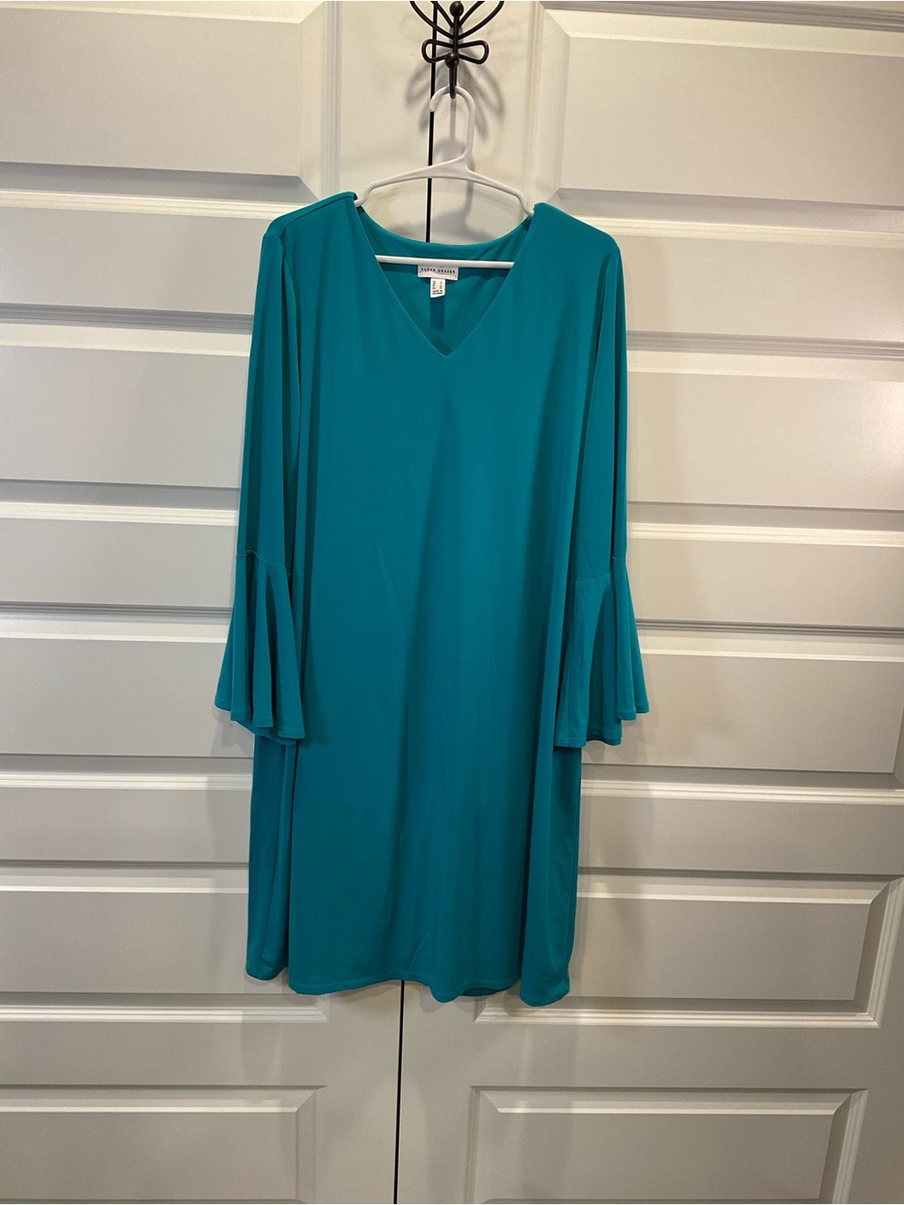 Susan Graver Teal V-Neck Dress with Bell Sleeves